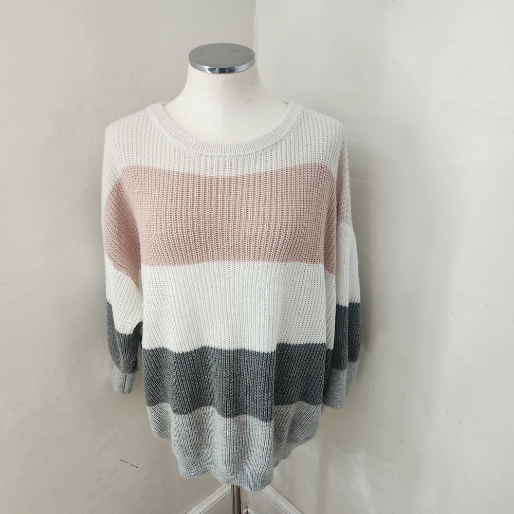 Poppy & Whimsy Womens 1XL Colorblock Shaker Stitch Sweater Pink Gray